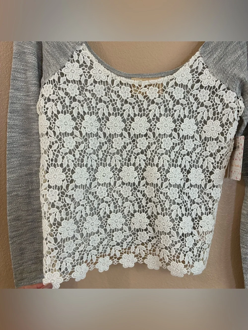 Free People New XS Gray Raglan Top with Ivory Floral Lace Front